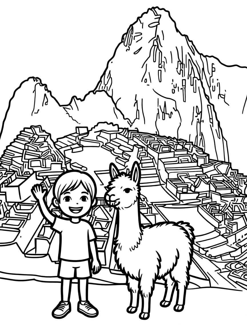A smiling child with a Machu Picchu outline and a llama for Peru.