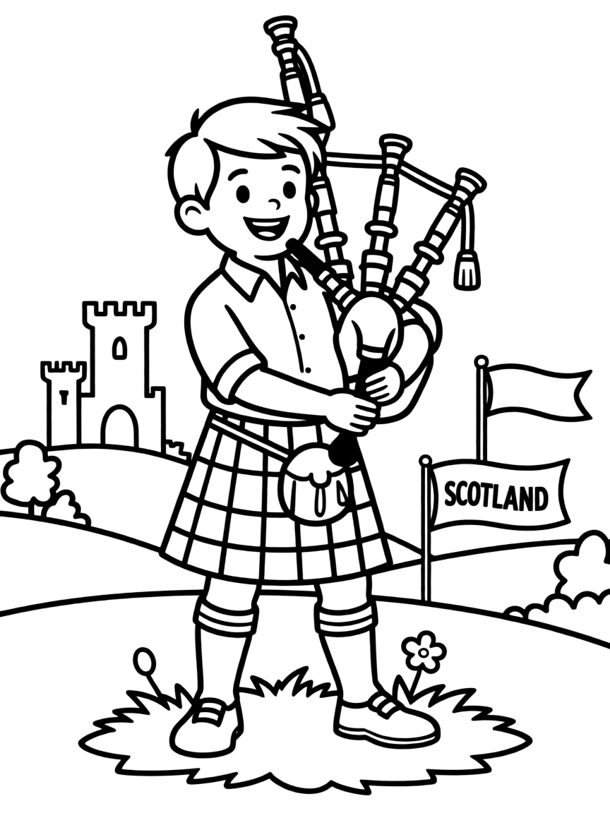 A happy child with a kilt and a bagpipe for Scotland.