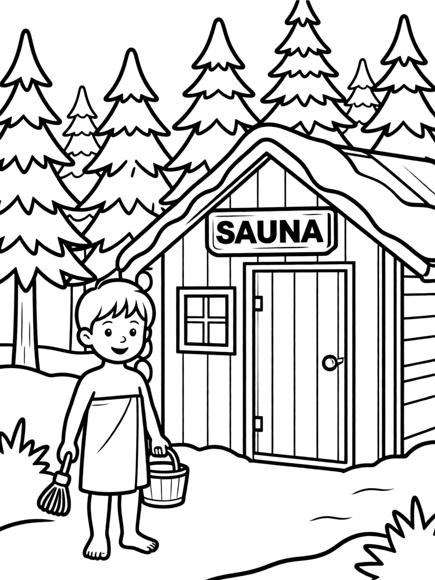 A child with a traditional Finnish sauna and a snowy forest for Finland.