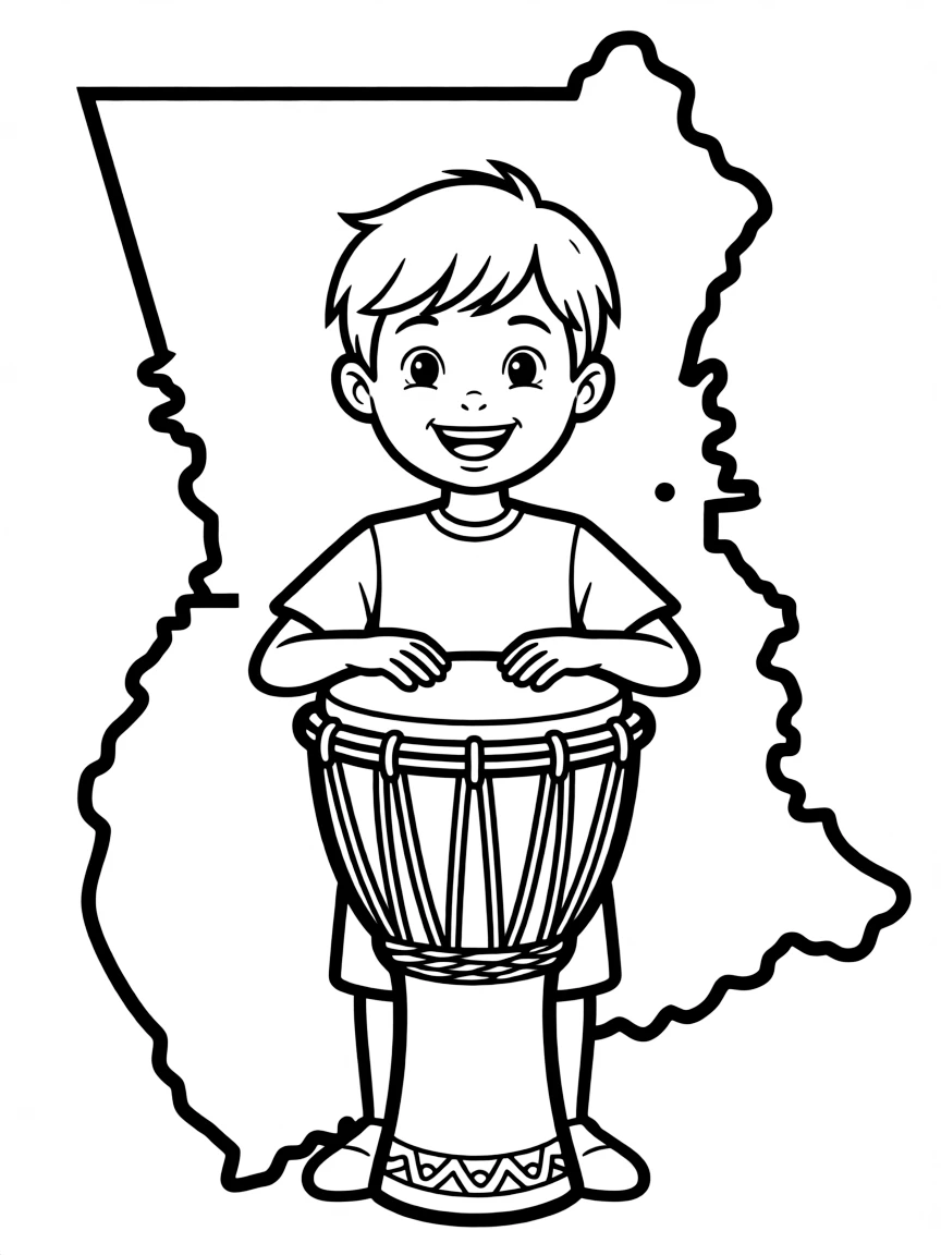 A smiling child with a djembe drum and the map of Ghana.