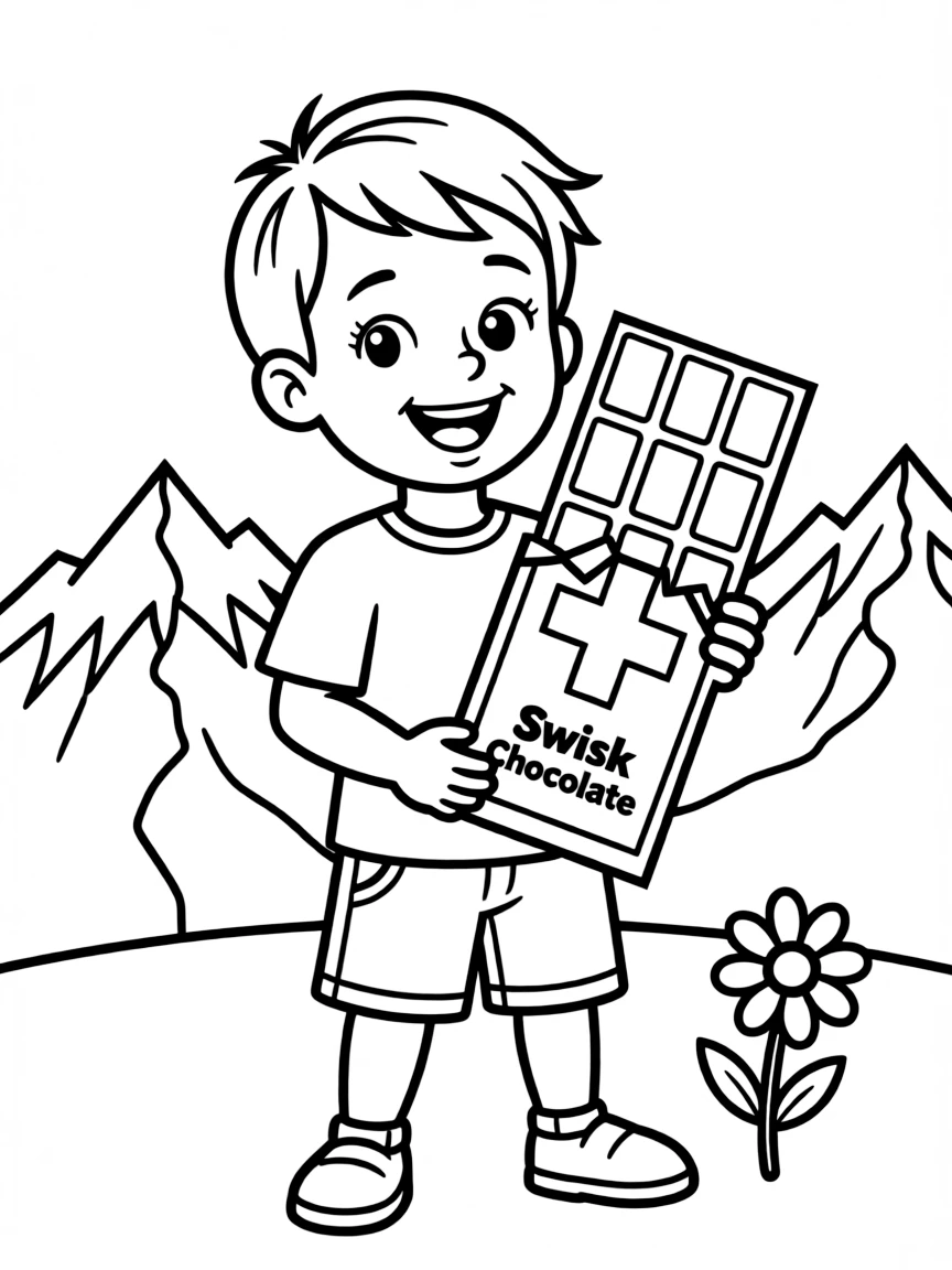 A smiling child with a Swiss chocolate bar for Switzerland.