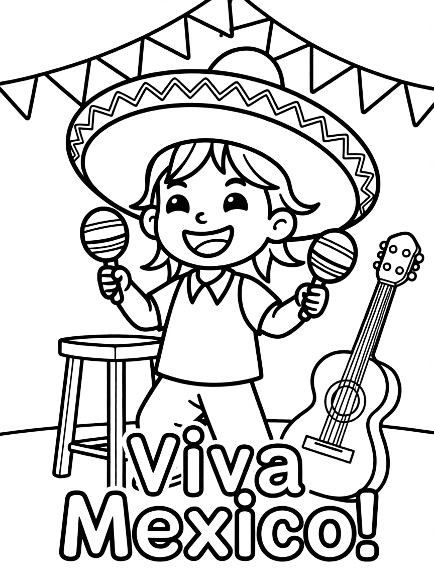 A happy child with a mariachi hat and maracas for Mexico.