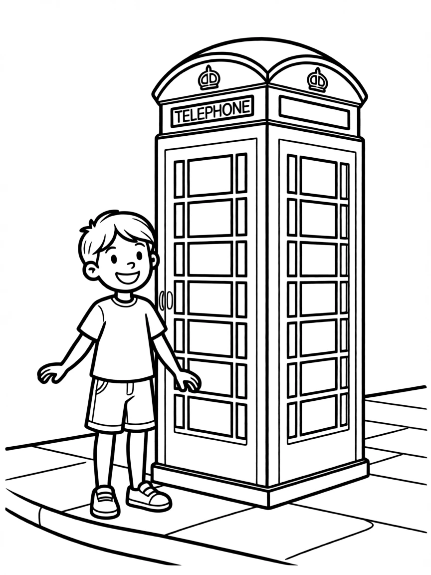 A cheerful child with a red telephone box for United Kingdom.