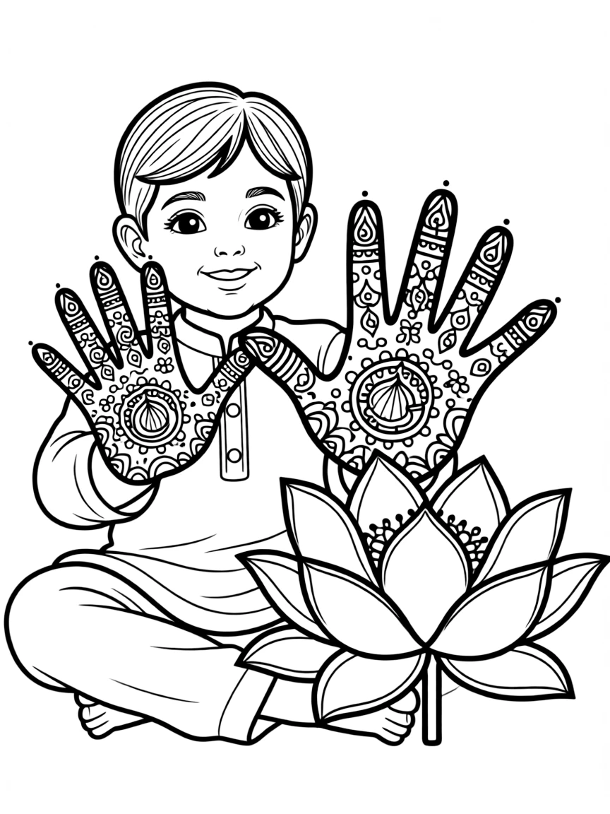 A child with henna on their hands and a lotus flower for India.
