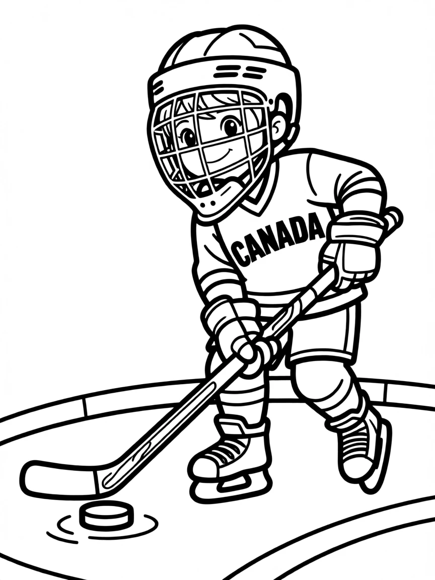 A smiling child playing ice hockey for Canada.