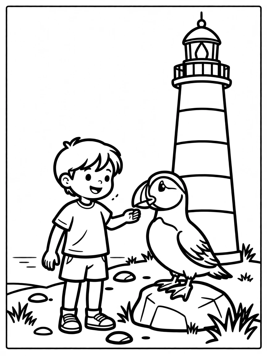 A cheerful child with a puffin bird and a lighthouse for Iceland.