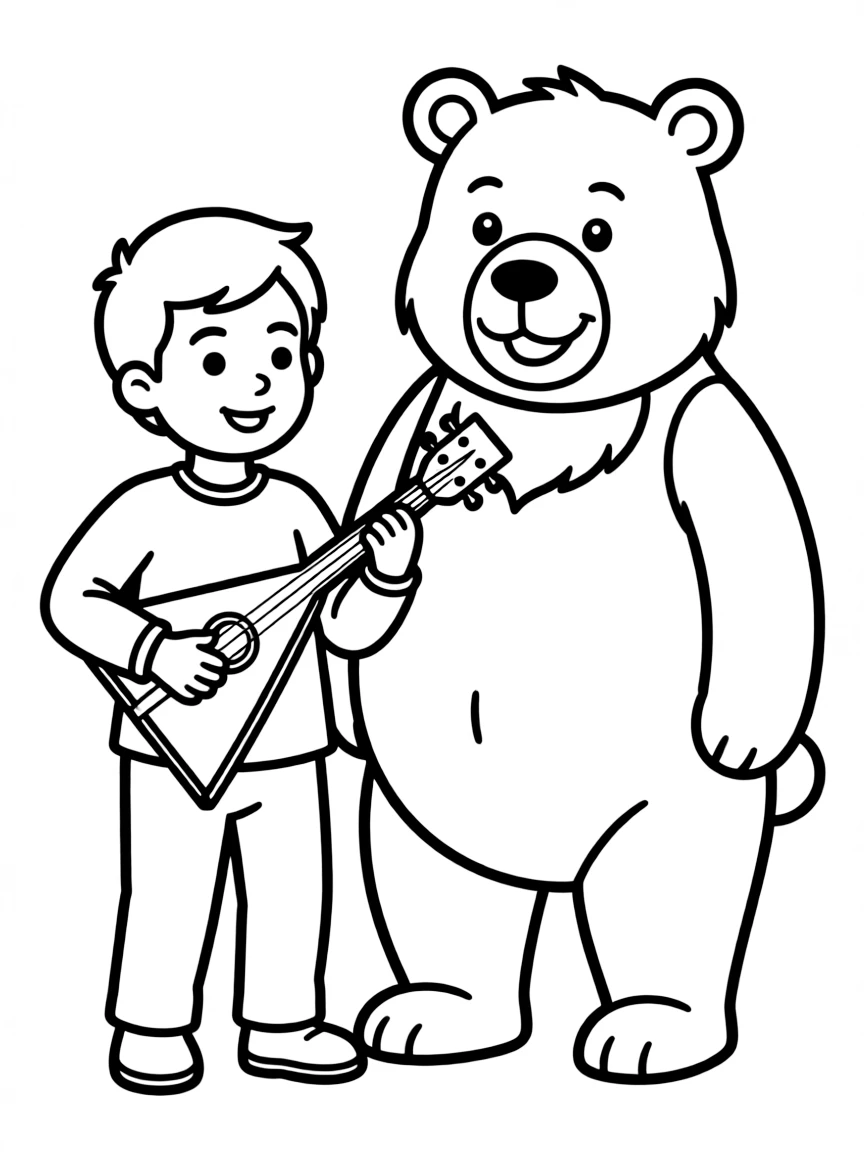A smiling child with a balalaika and a bear for Russia.