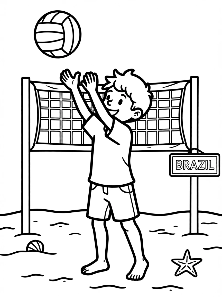 A cheerful child playing beach volleyball for Brazil.
