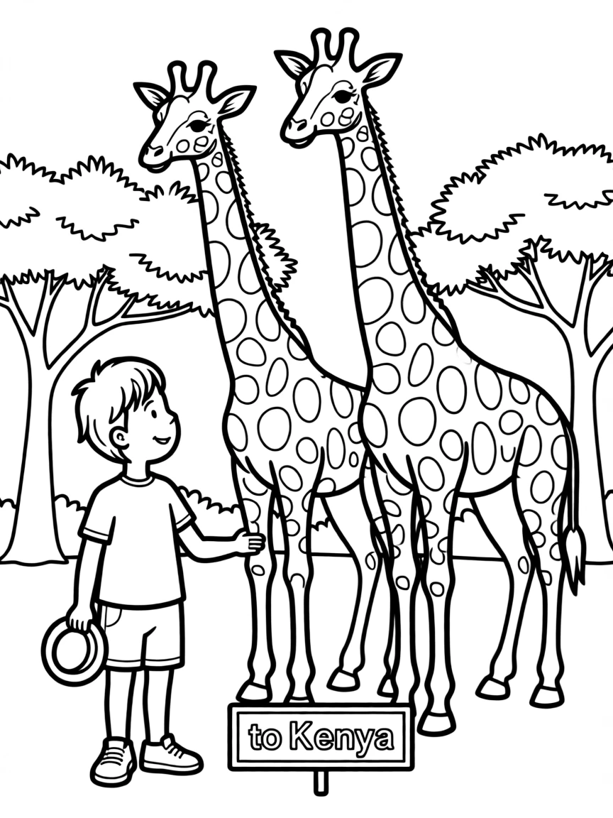 A smiling child seeing giraffes for Kenya.