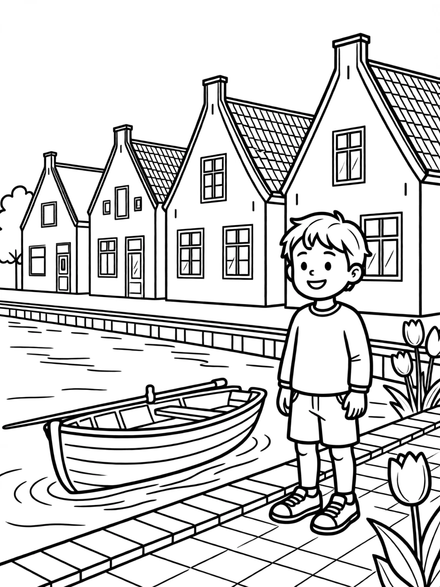 A cheerful child near a canal with a small boat for Netherlands.