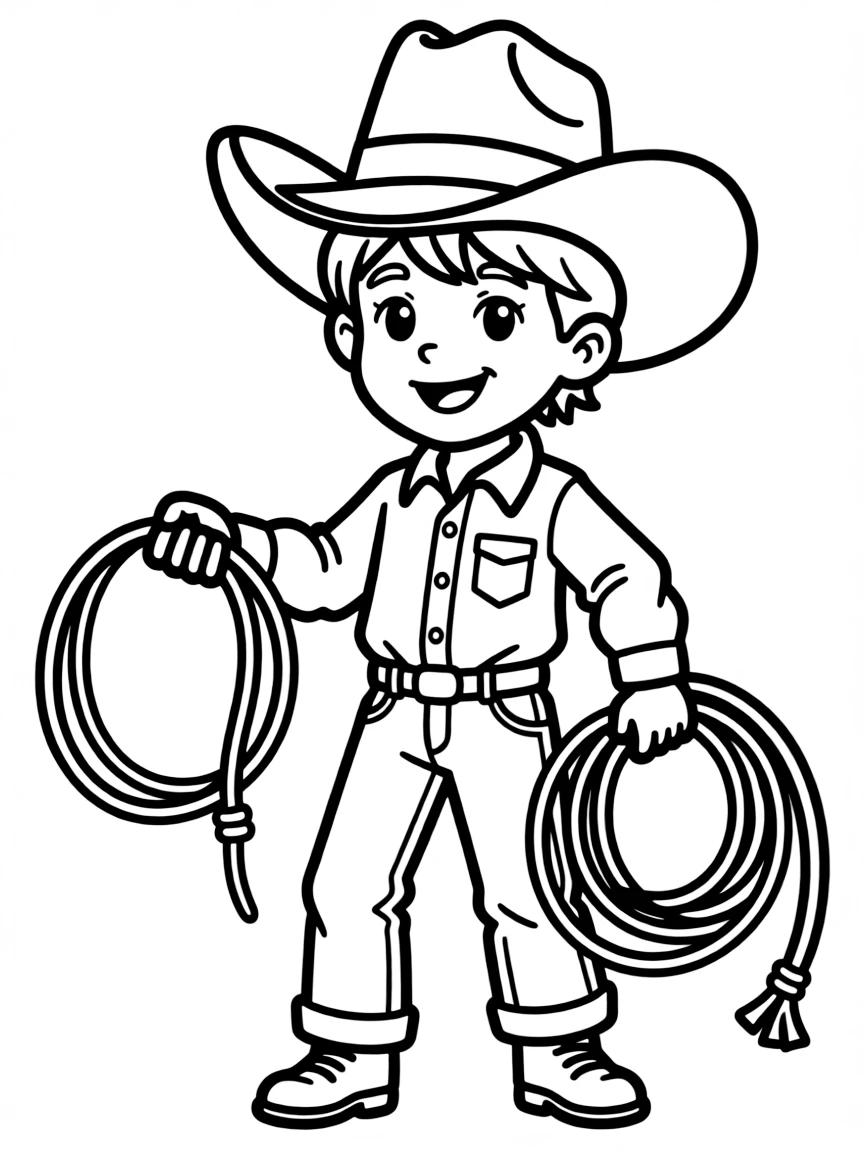A smiling child with a cowboy hat and a lasso for USA.
