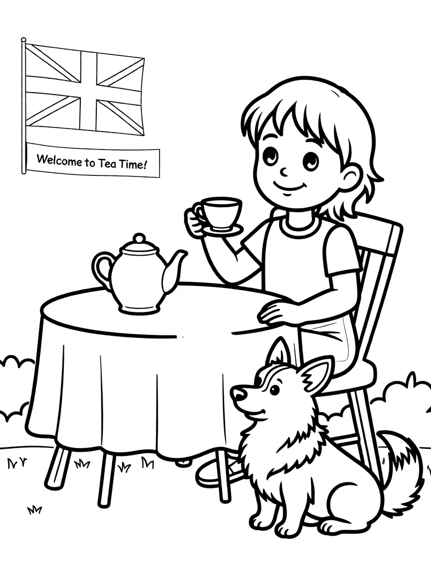 A cheerful child with a teacup and a corgi dog for United Kingdom.