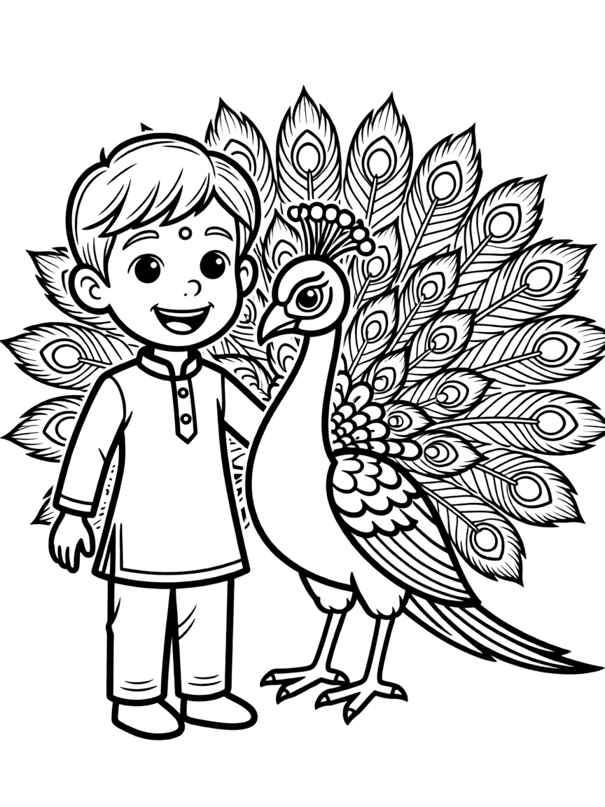 A child with a bindi and a peacock for India.