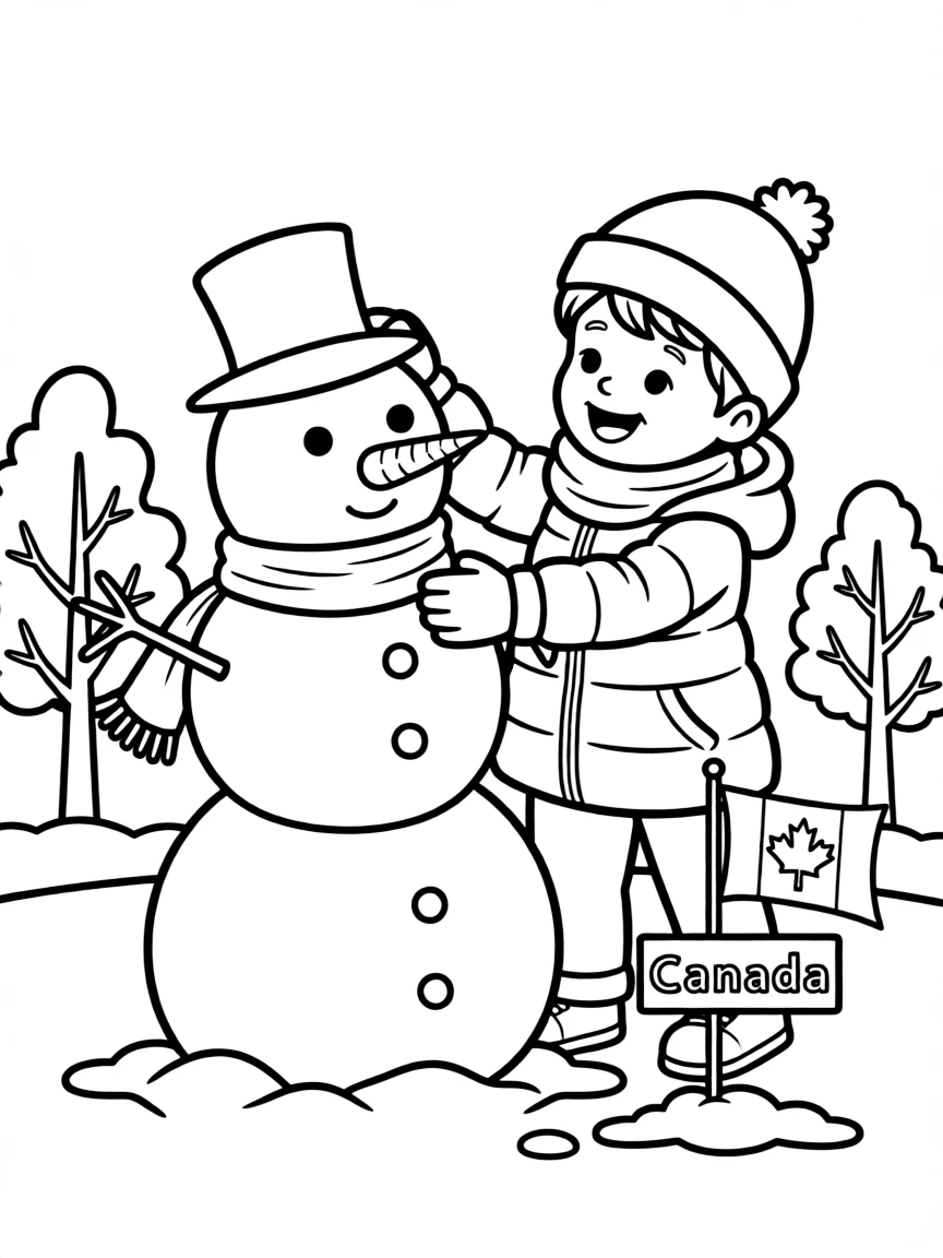 A smiling child building a snowman for Canada.