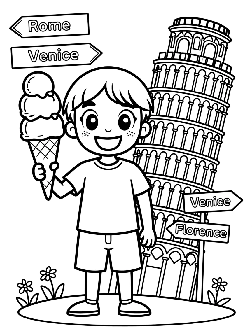 A cheerful child enjoying gelato for Italy.