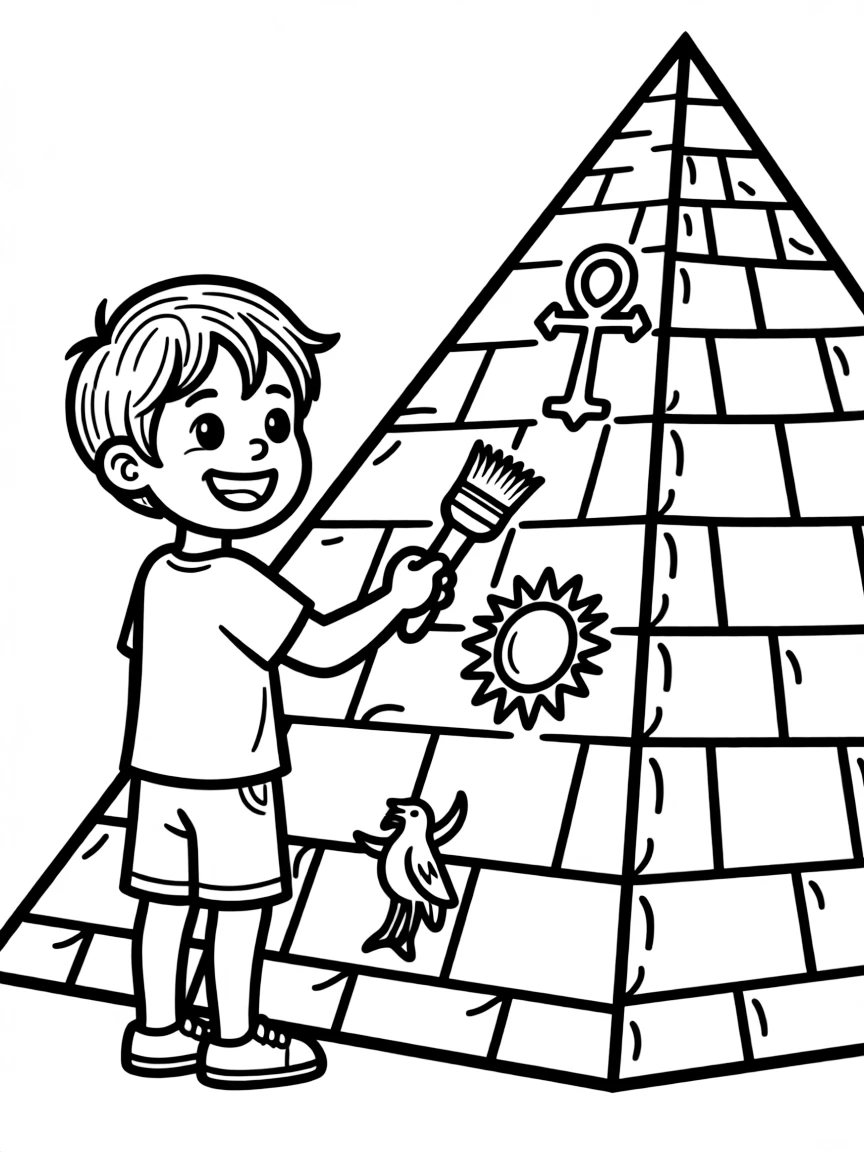 A smiling child drawing hieroglyphs on a pyramid for Egypt.