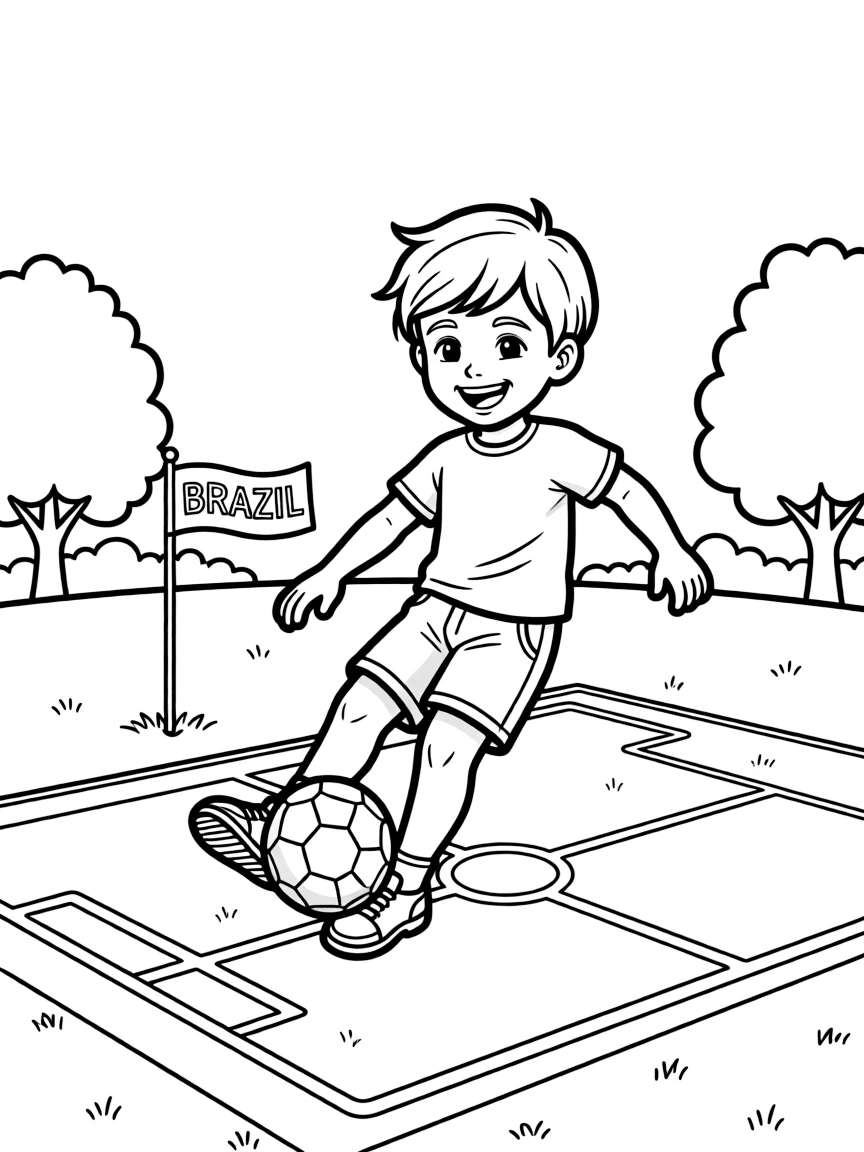 A happy child playing soccer on a vibrant green field for Brazil.