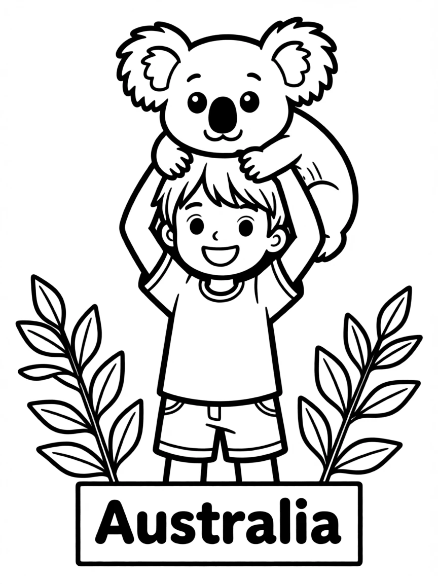 A cheerful child holding a koala on their head for Australia.