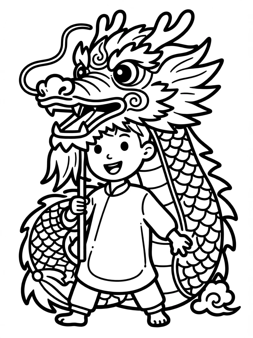 A smiling child with a Chinese dragon costume for China.