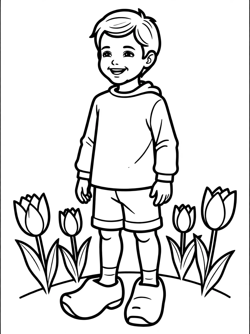A happy child wearing wooden clogs for Netherlands.