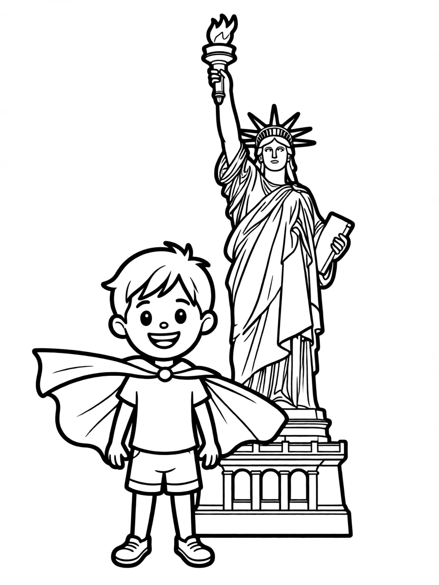 A child with a superhero cape and the Statue of Liberty for USA.