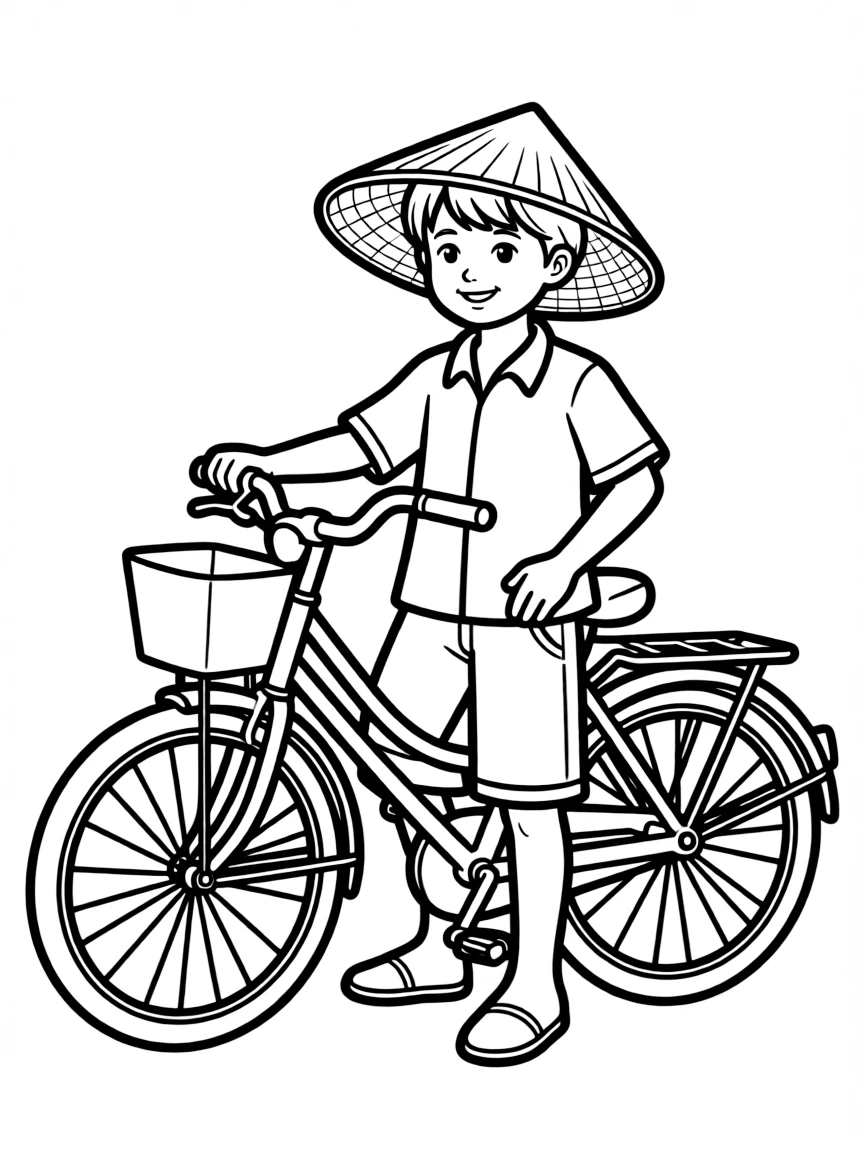 A child with a bicycle and a traditional Vietnamese hat for Vietnam.
