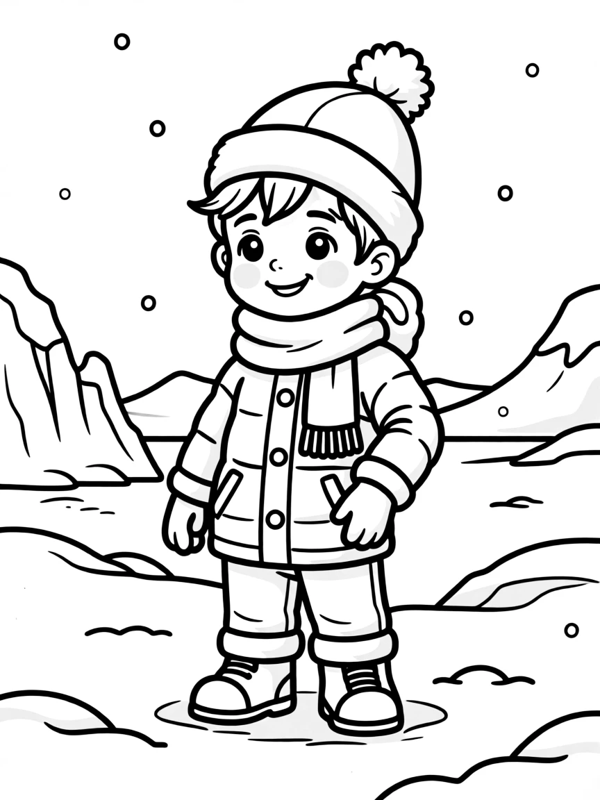 A smiling child bundled up in warm clothes in a snowy landscape for Antarctica.