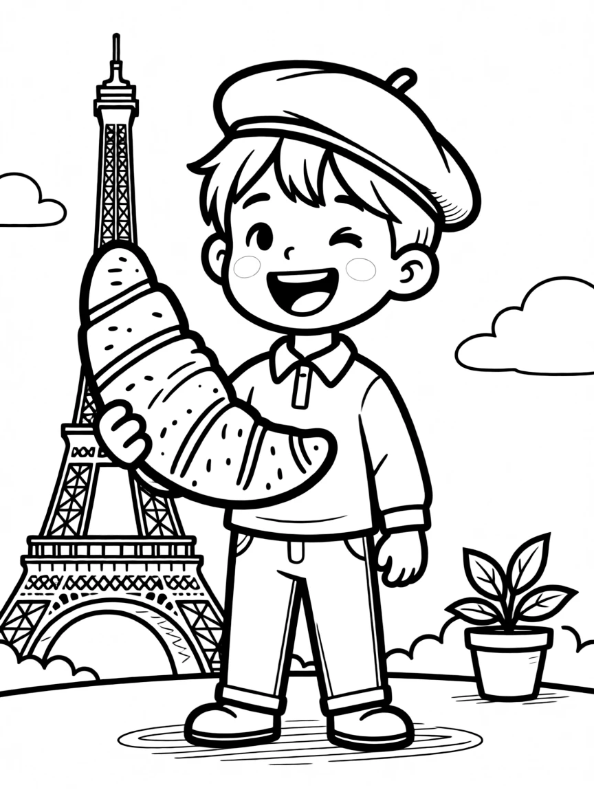 A cheerful child with a beret and a croissant for France.