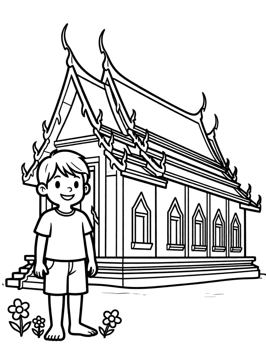 A smiling child near a temple for Thailand.