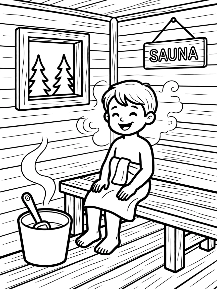 A cheerful child in a sauna for Finland.