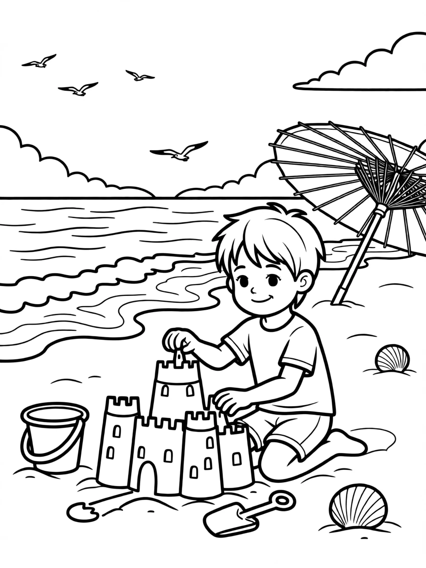 A smiling child building a sandcastle on a beautiful beach in Japan.