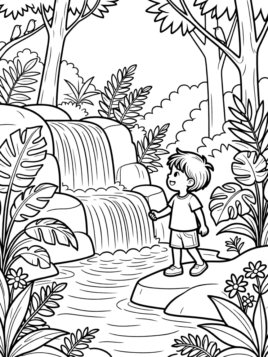A happy child exploring a waterfall in a rainforest for Costa Rica.