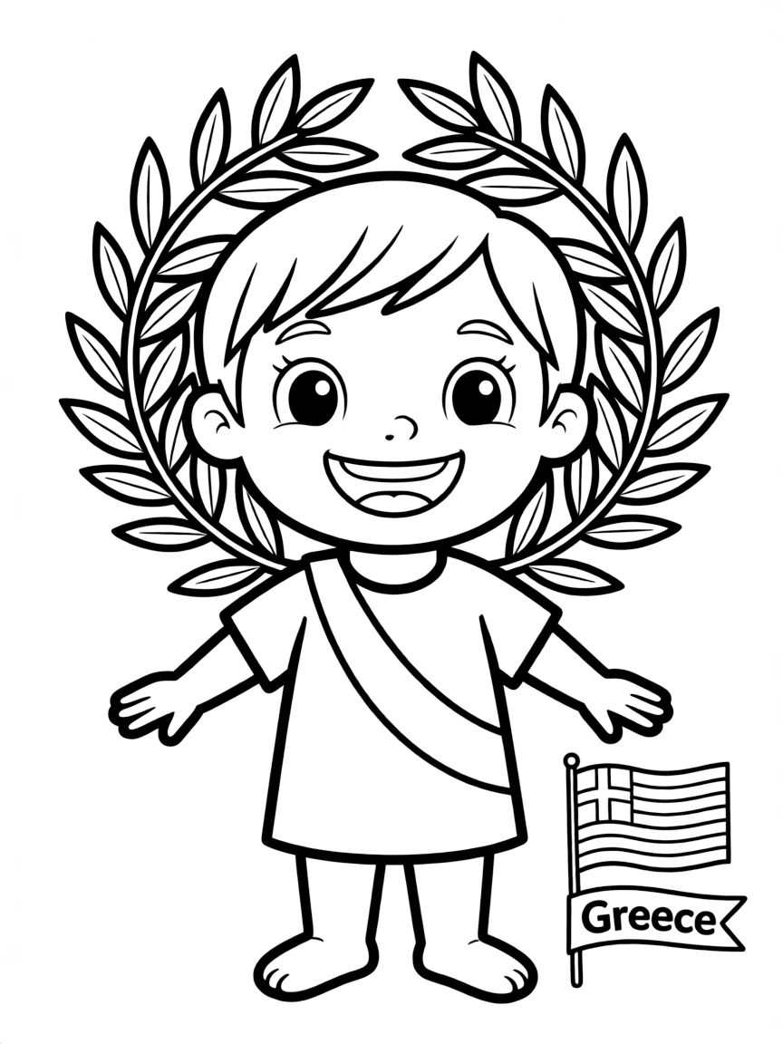 A cheerful child with a wreath of olive leaves for Greece.