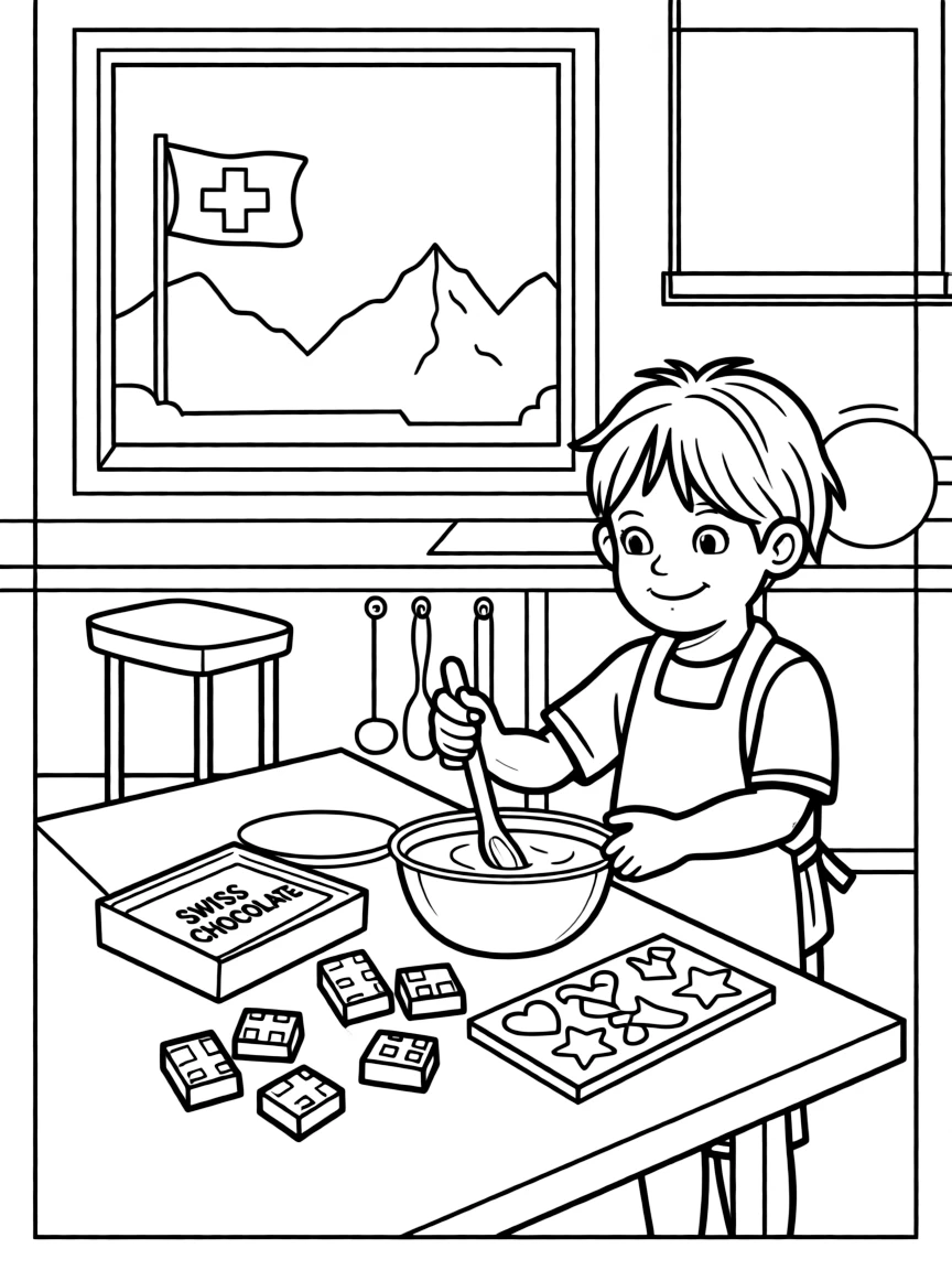 A child making Swiss chocolate for Switzerland.