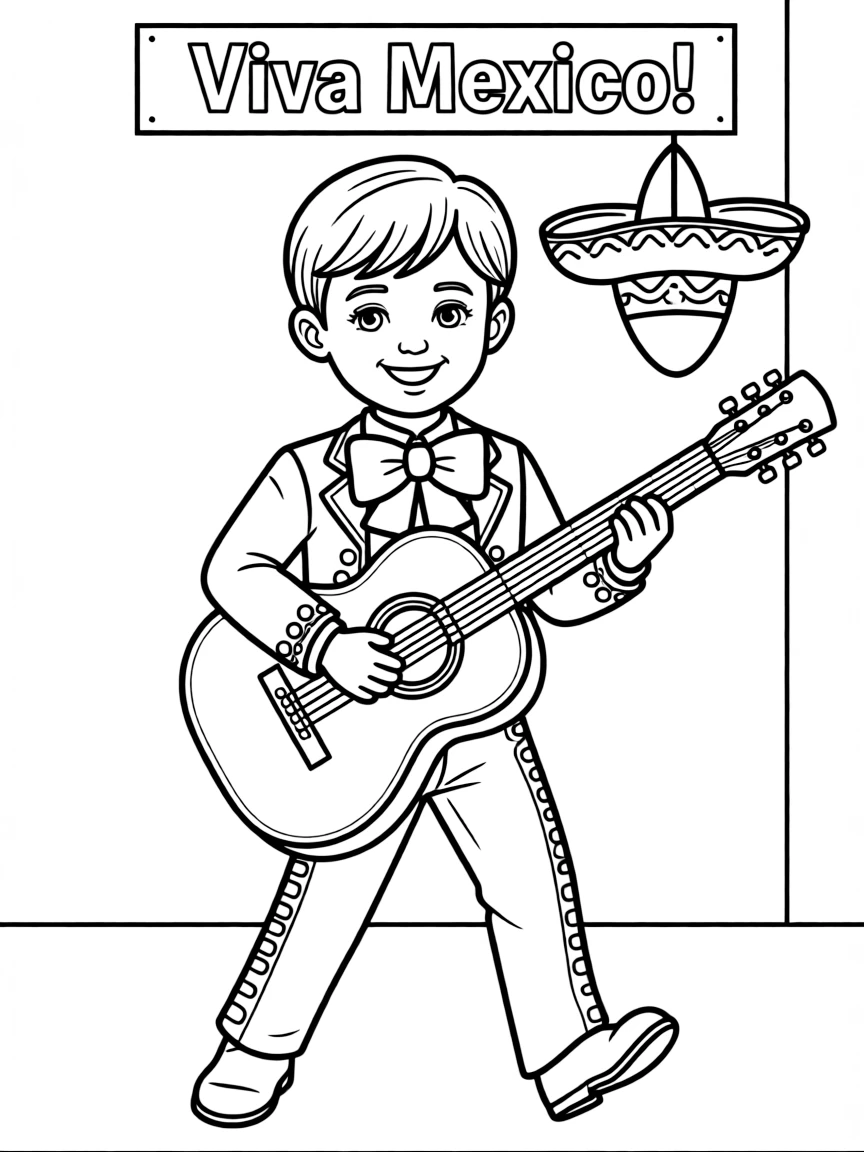 A smiling child playing mariachi music for Mexico.