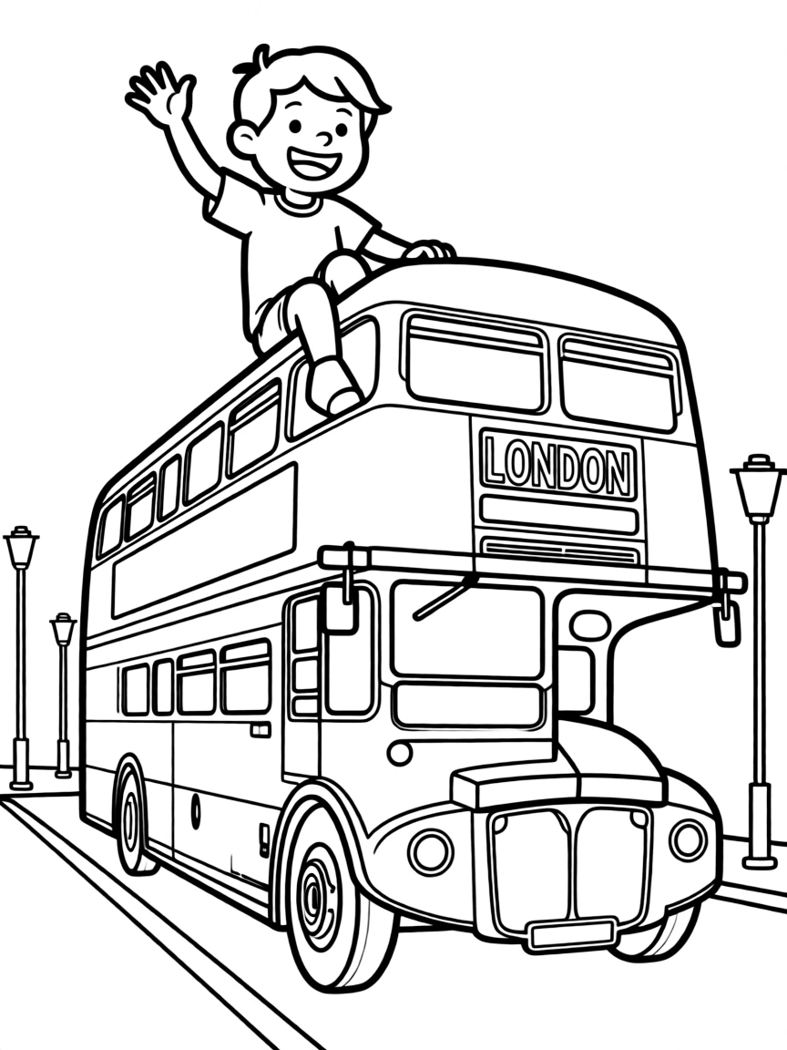 A happy child on a double-decker bus for United Kingdom.