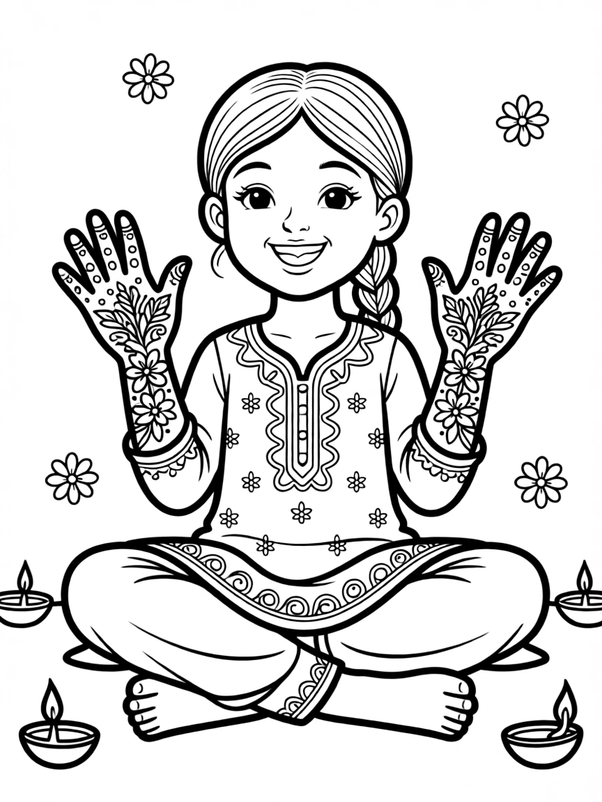 A cheerful child with henna on their hands for India.