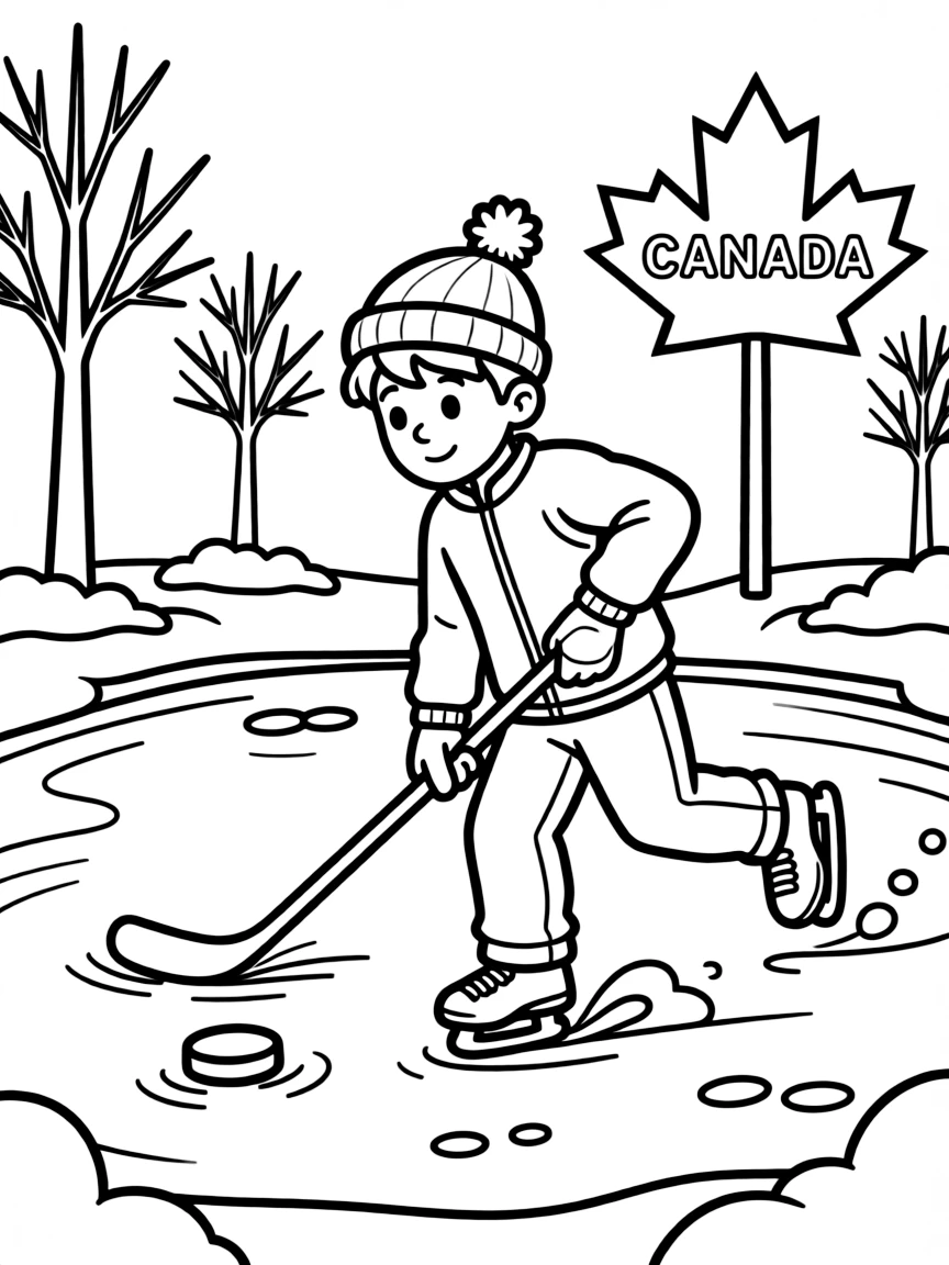 A child playing ice hockey on a pond for Canada.