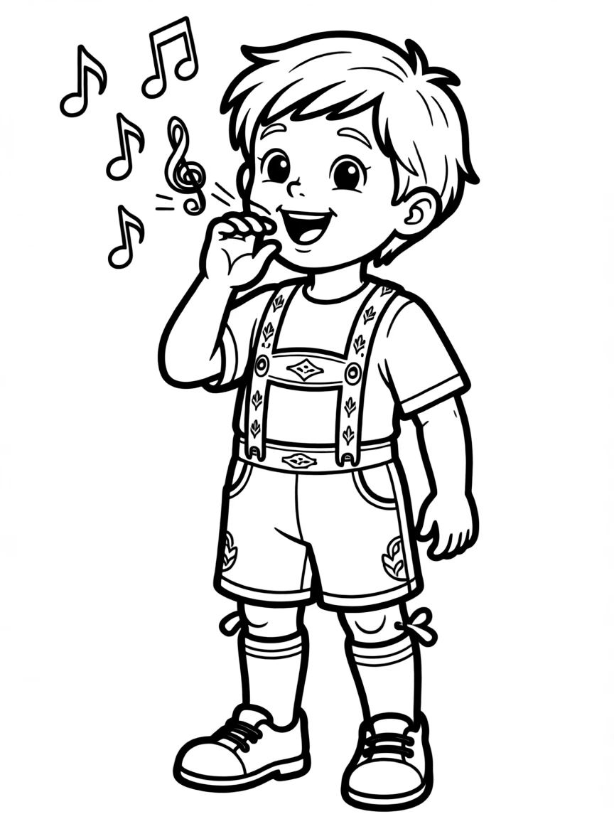 A smiling child wearing a lederhosen and yodeling for Germany.