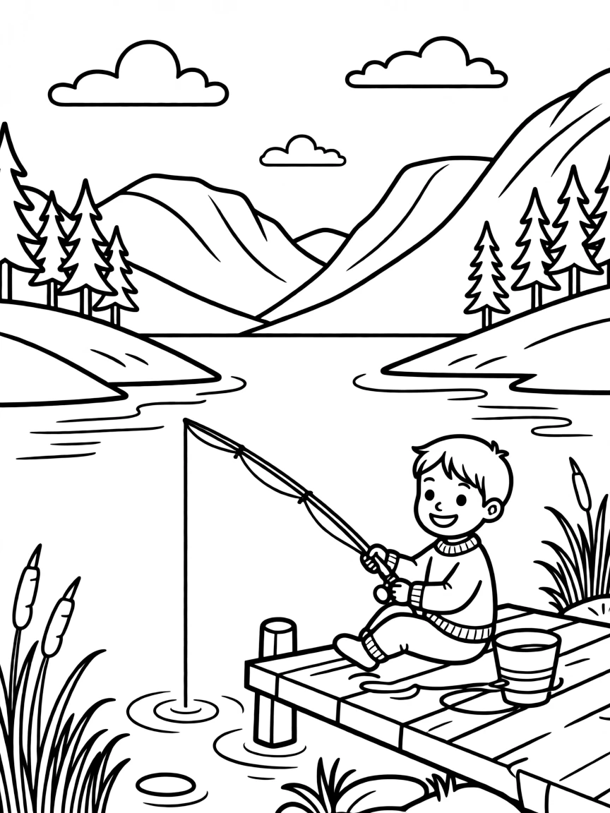 A happy child fishing in a fjord for Norway.