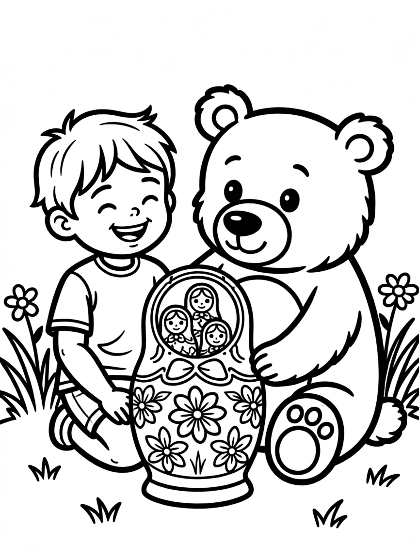 A cheerful child with a Russian nesting doll and a friendly bear for Russia.