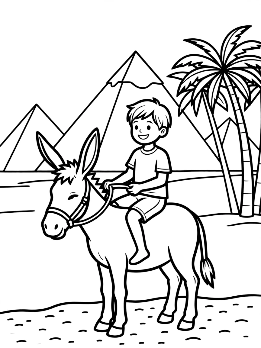 A child on a donkey near the pyramids for Egypt.