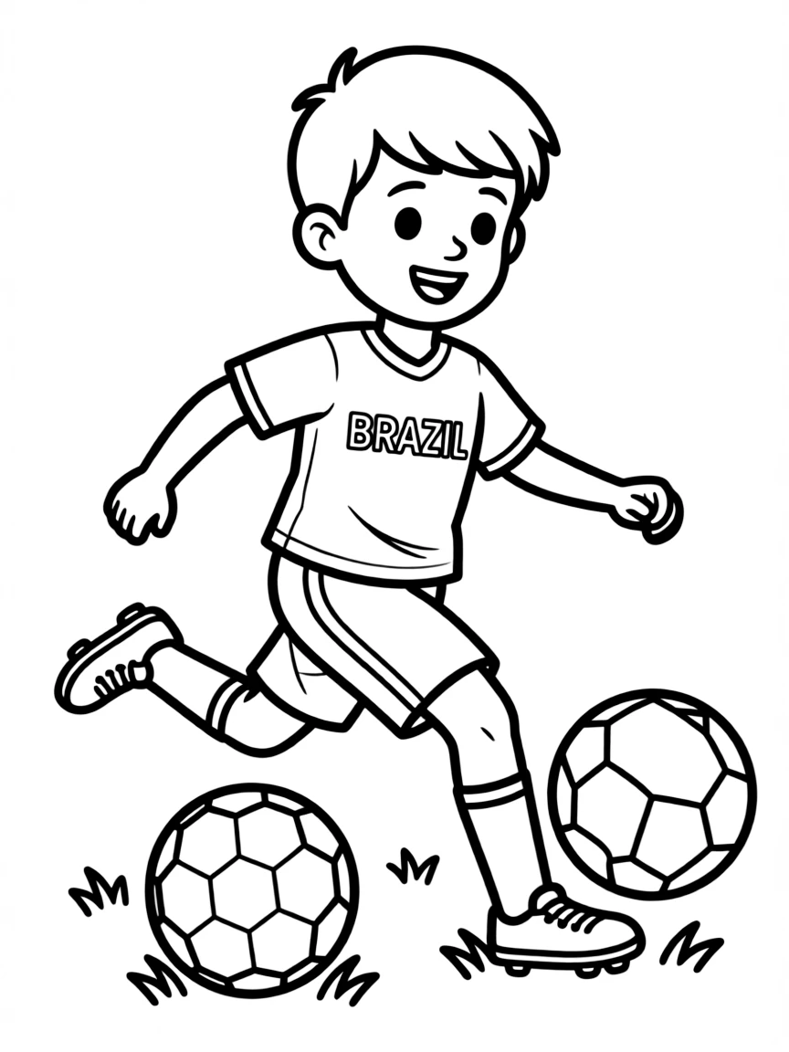 A smiling child playing football for Brazil.