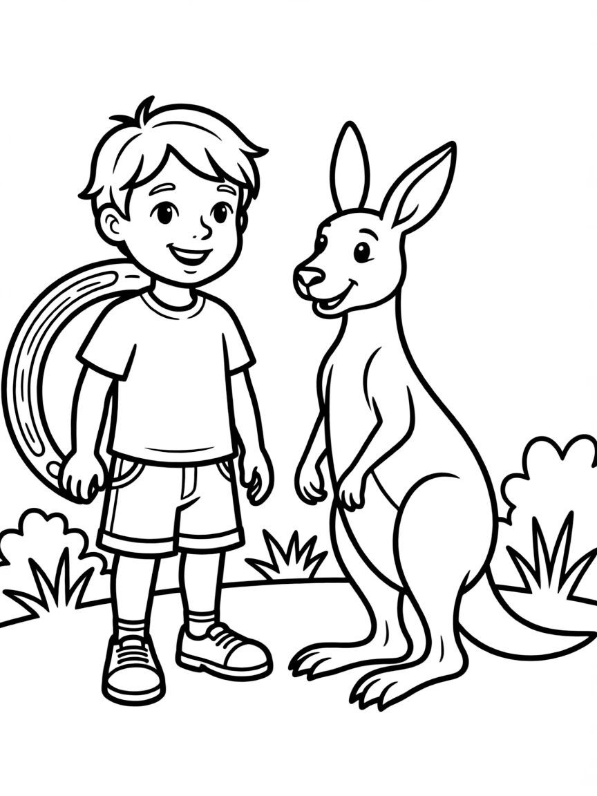 A happy child with a boomerang and a kangaroo for Australia.