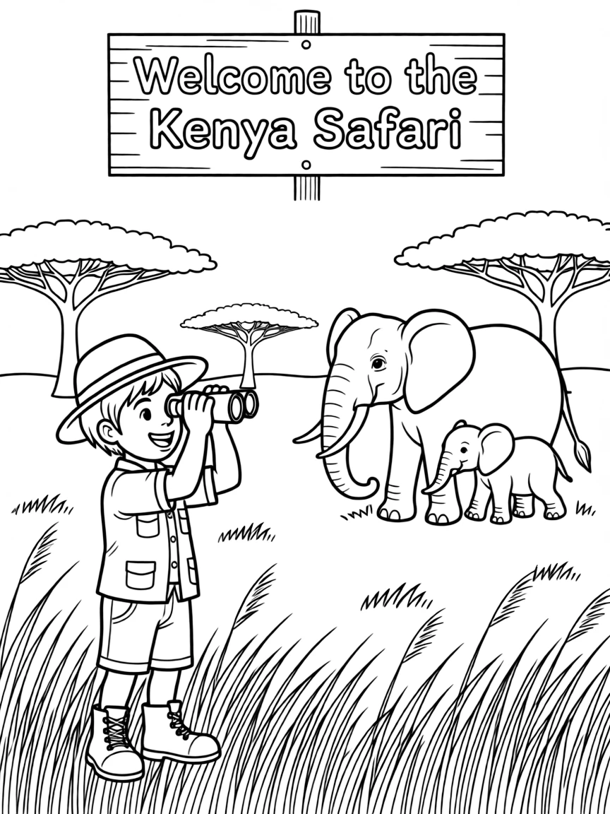 A cheerful child on a safari, looking at elephants for Kenya.