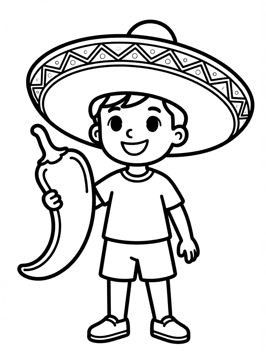 A child with a chili pepper and a sombrero for Mexico.