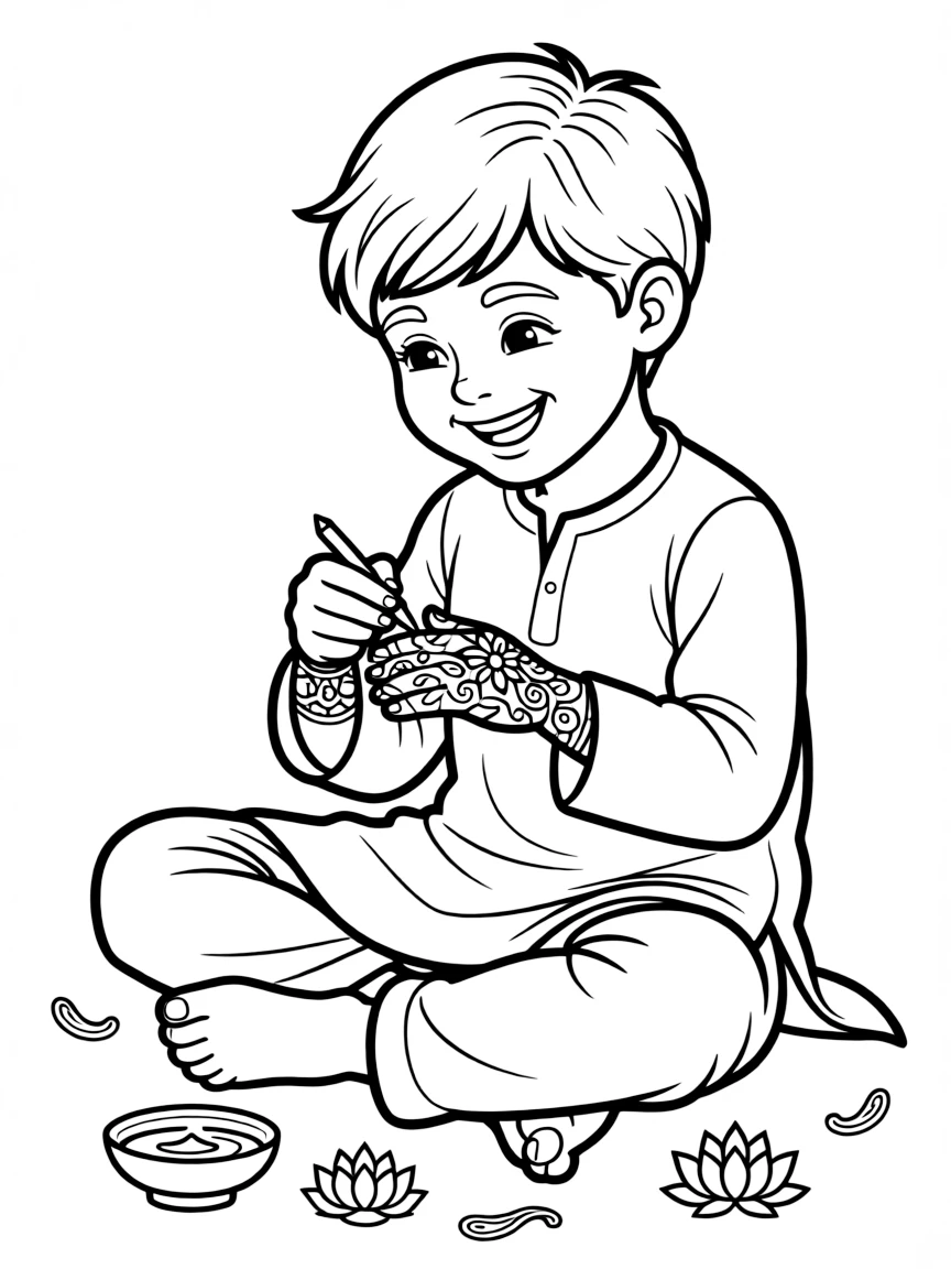 A happy child drawing henna patterns for India.