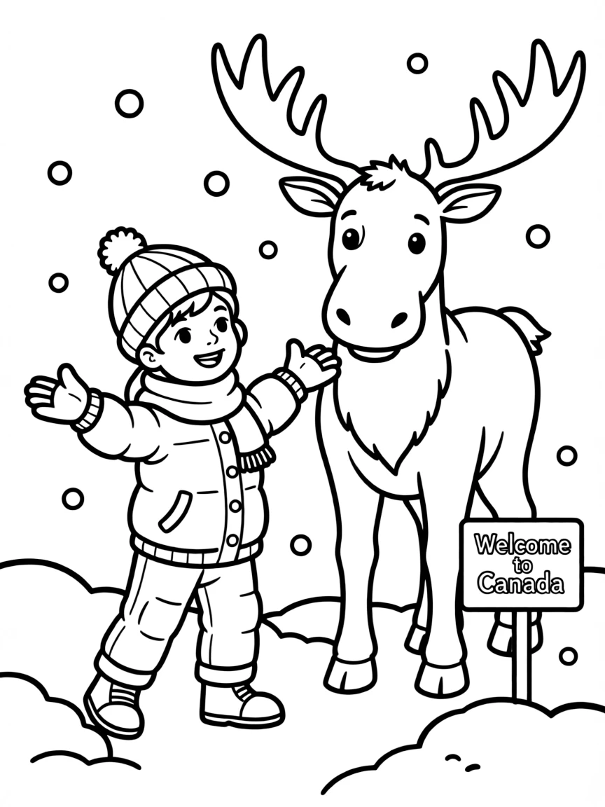 A cheerful child playing in the snow with a moose for Canada.