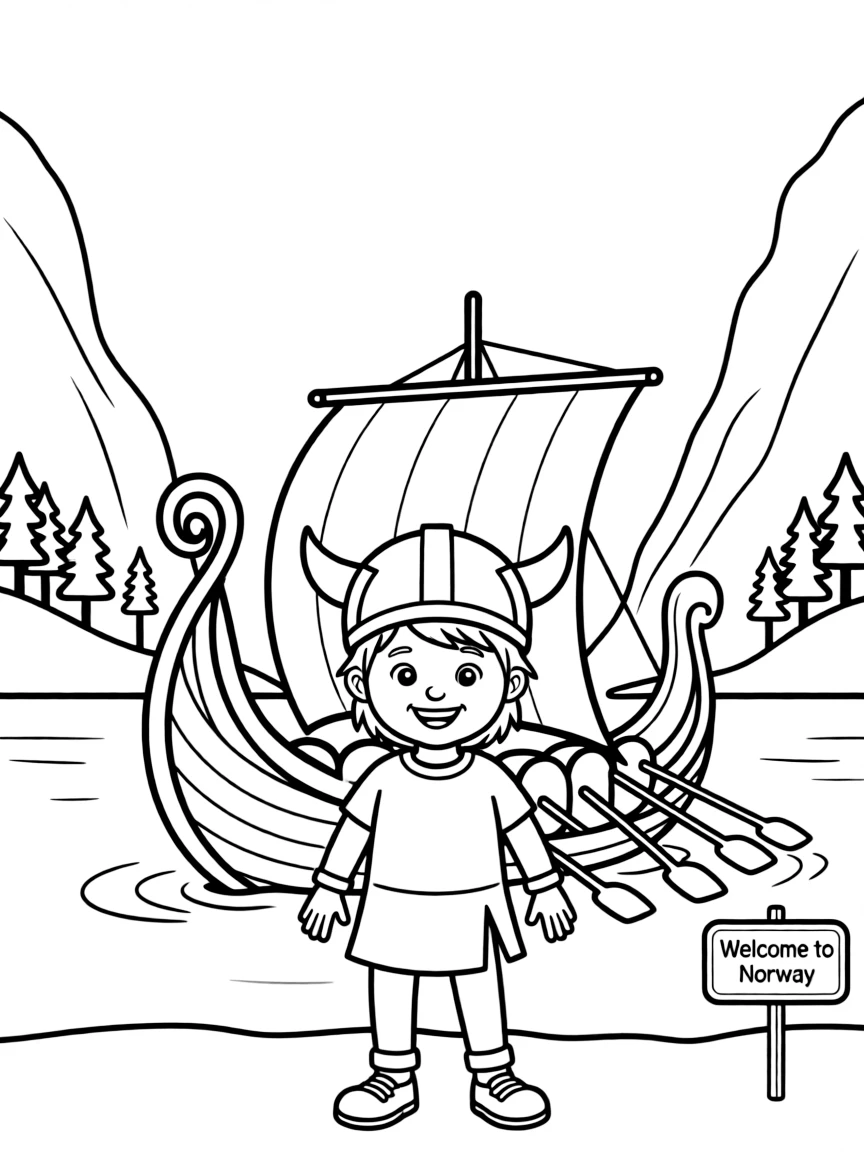A smiling child with a Viking ship and a fjord in the background for Norway.