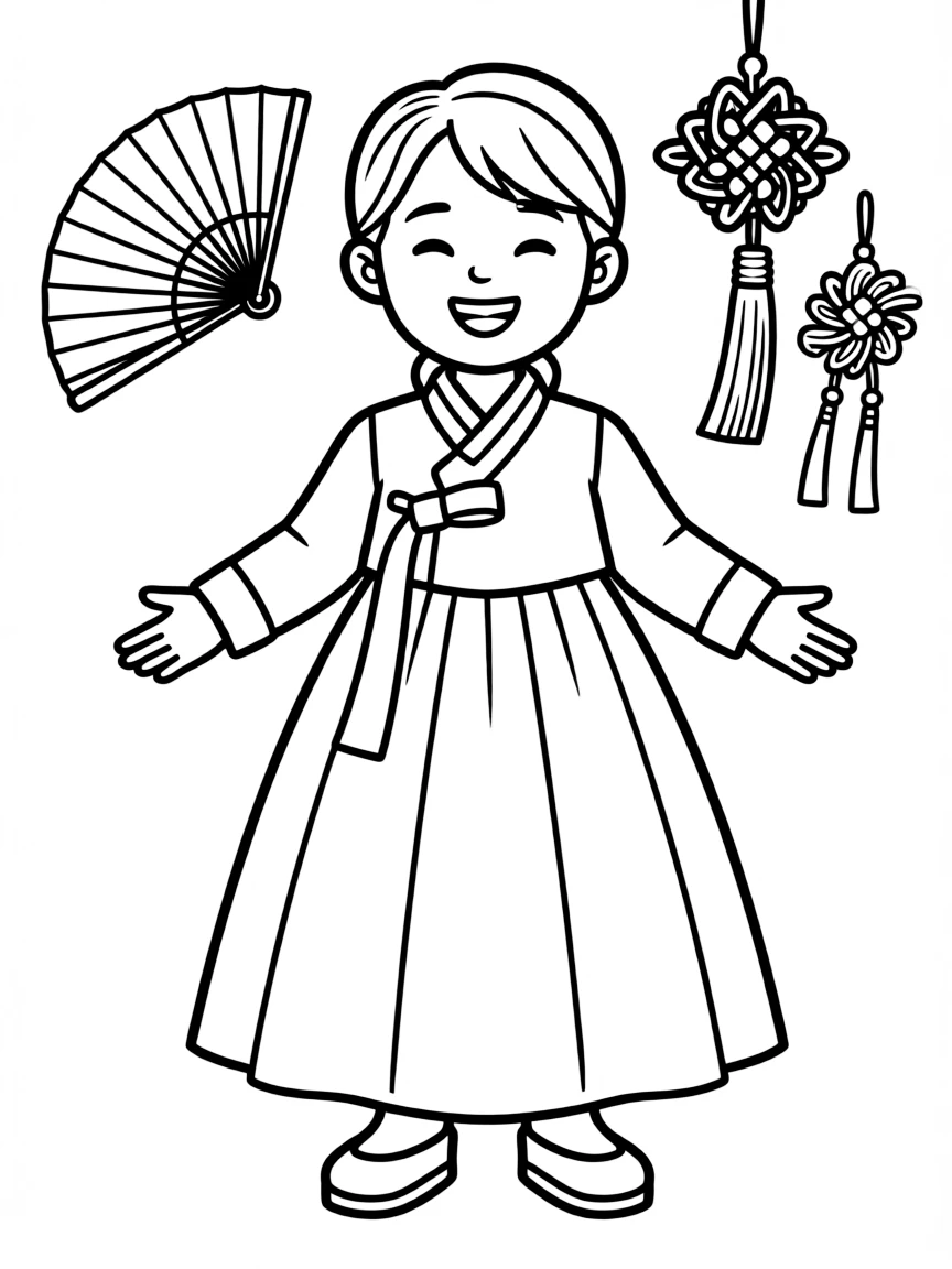 A happy child with a traditional Korean dress for South Korea.